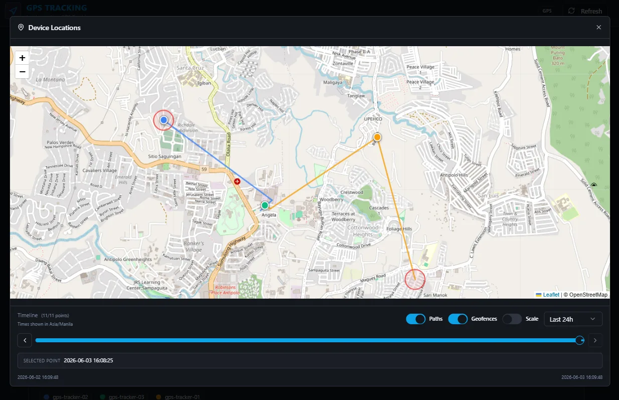 Real-time map of LoRaWAN GPS tracker paths near Antipolo, Philippines