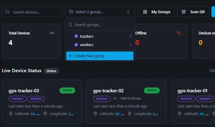 Device list with custom groups such as trackers and workers