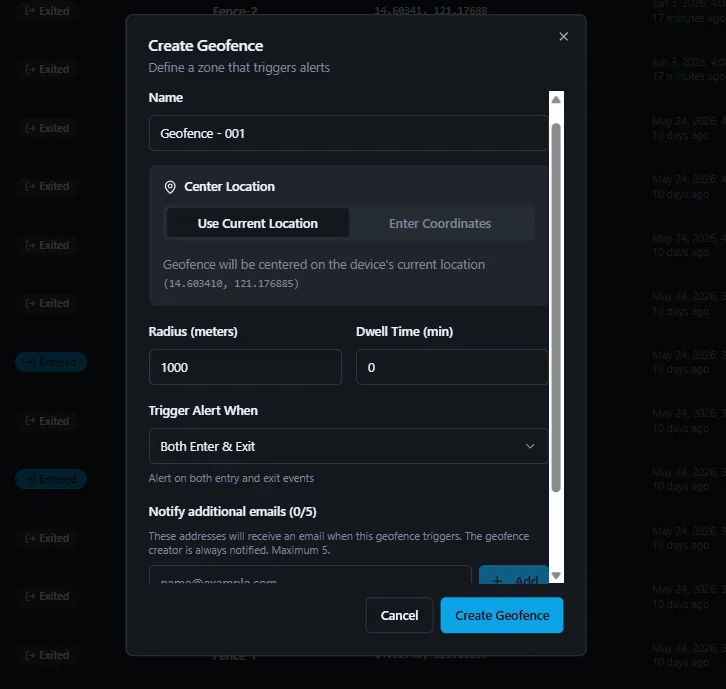 Create geofence form with radius, dwell time, and alert trigger options