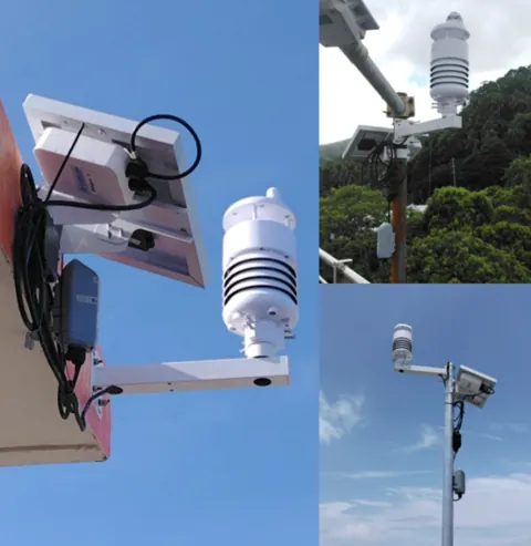 Solar-powered all-in-one LoRaWAN weather station sensors mounted on poles and building eaves against a blue sky in Quezon Province